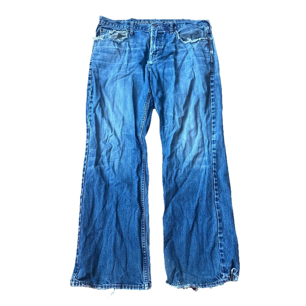 American Eagle Bootcut Jeans 38x32 Blue‎ Denim Fade Distressed Thrashed Grunge